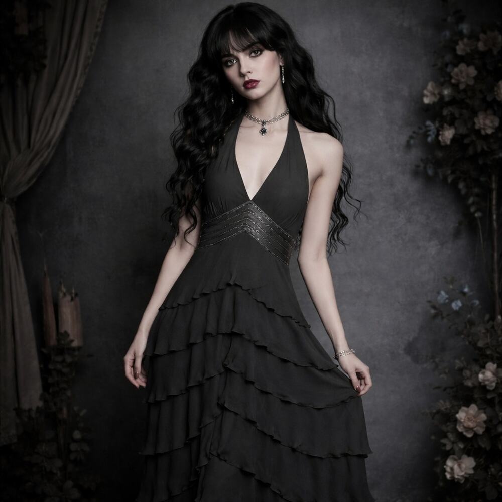 Dave & Johnny Silk Halter Neck midi Dark Fairy ruffle Tiered Dress